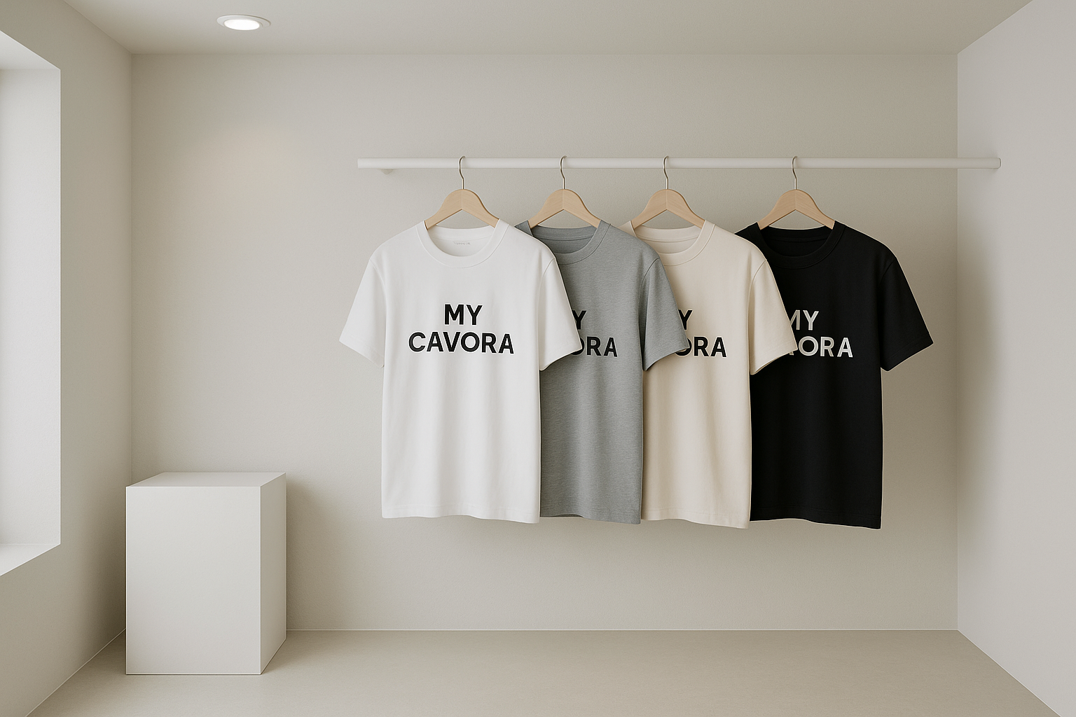 A MINIMAL ROOM WITH TSHIRTS ON HANGERS WITH "MY CAVORA" WRITTEN