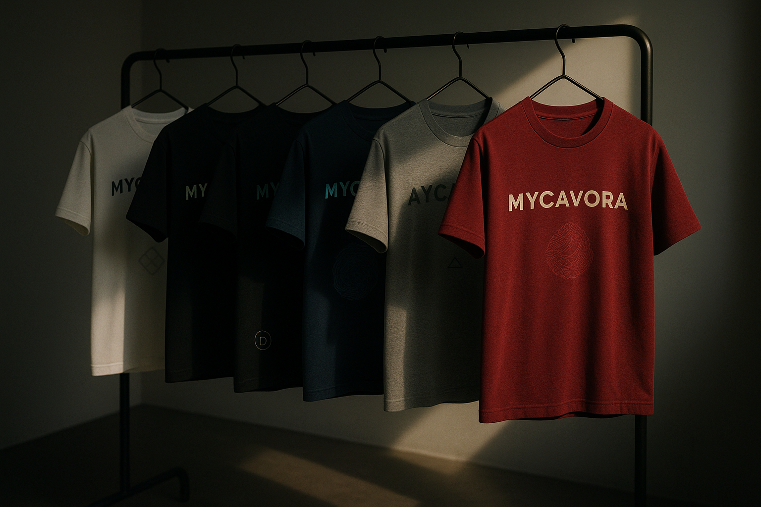 minimal room with tshirts on hanger with the text written "mycavora" in caps , the tshirts of diff size and colour and the lights dim with the sunlight shining on them and only them not around the room with a front focus the text on the tshirt should be around the chest area and of different colours , add some designs on the near chest or stomach of the tshirt