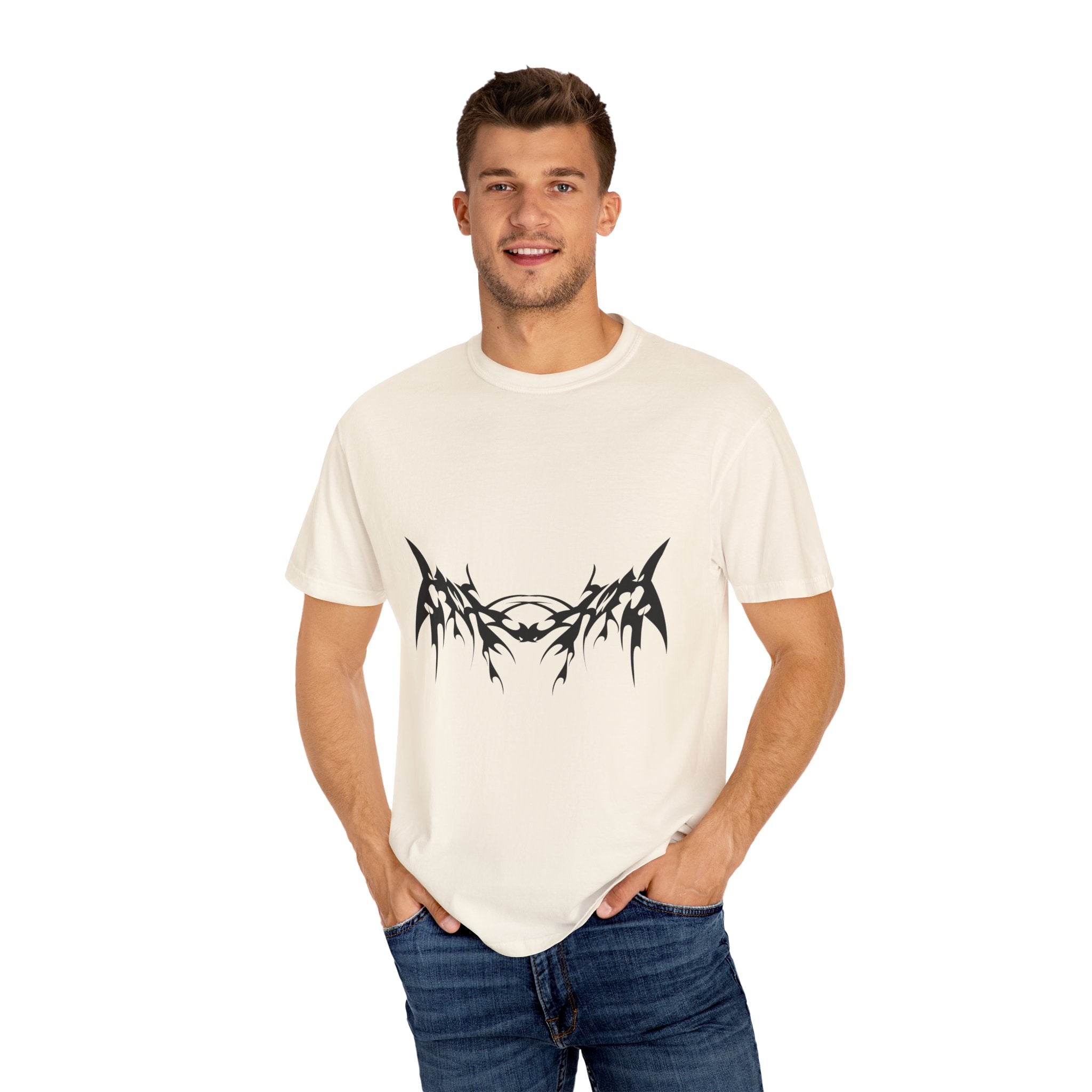 Unisex Garment-Dyed Graphic T-Shirt with Bold Gothic Tribal Design | Casual Wear, Streetwear, Men’s Fashion, Gift for Him, Music Festival T-shirt