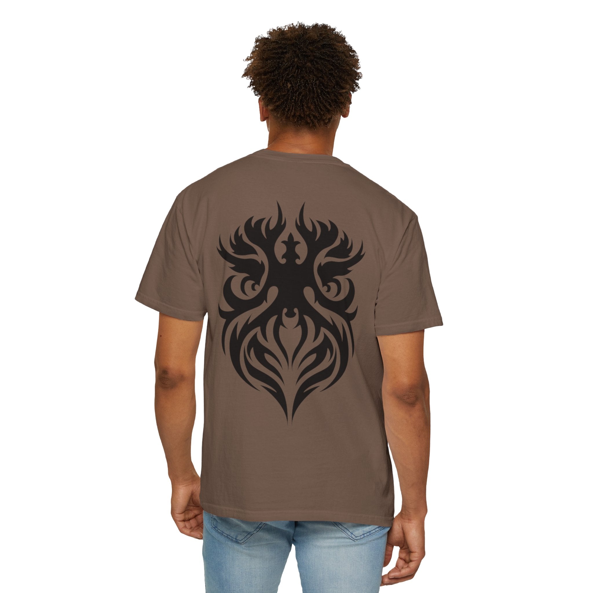 Unisex Garment-Dyed Graphic T-Shirt with Bold Gothic Tribal Design | Casual Wear, Streetwear, Men’s Fashion, Gift for Him, Music Festival T-shirt