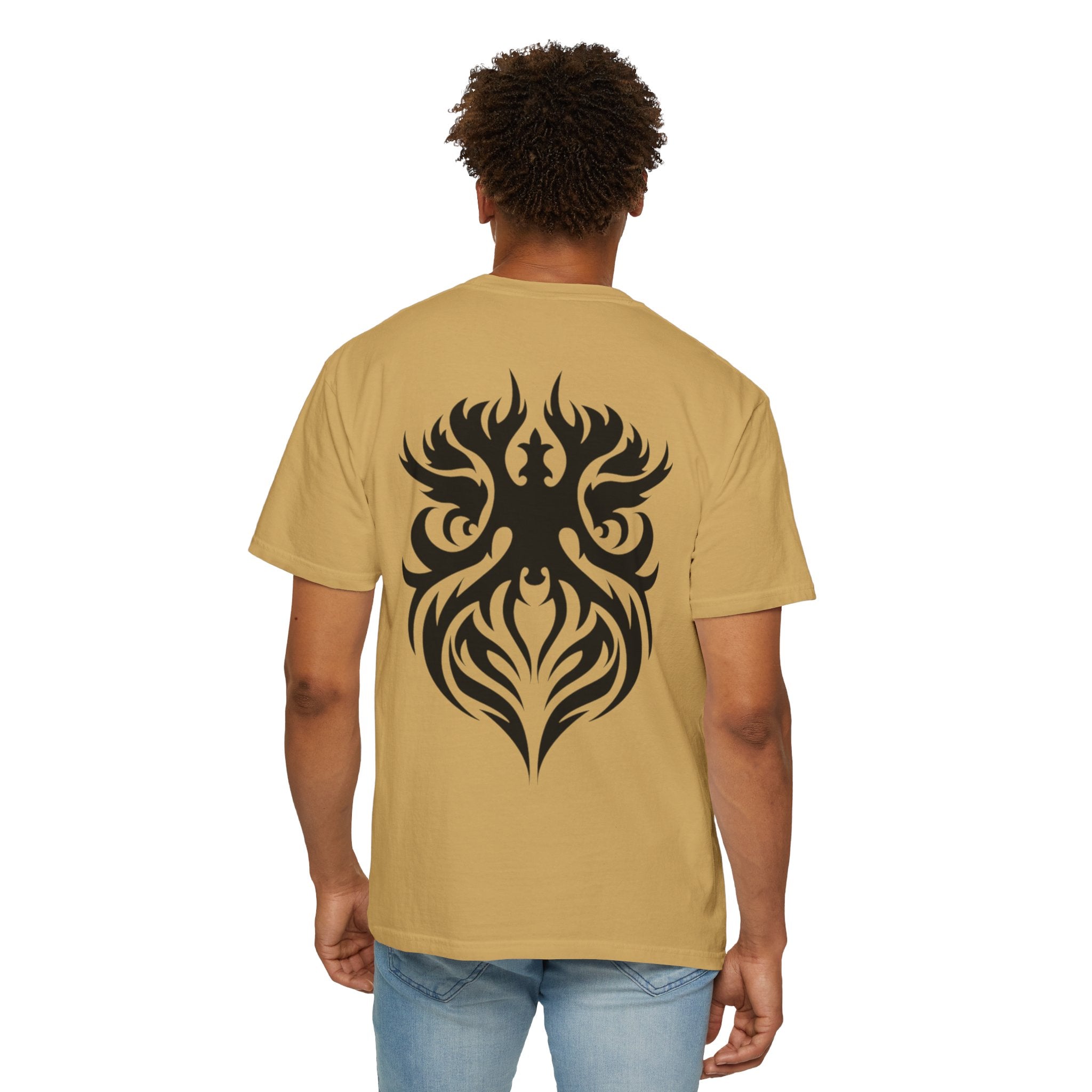 Unisex Garment-Dyed Graphic T-Shirt with Bold Gothic Tribal Design | Casual Wear, Streetwear, Men’s Fashion, Gift for Him, Music Festival T-shirt