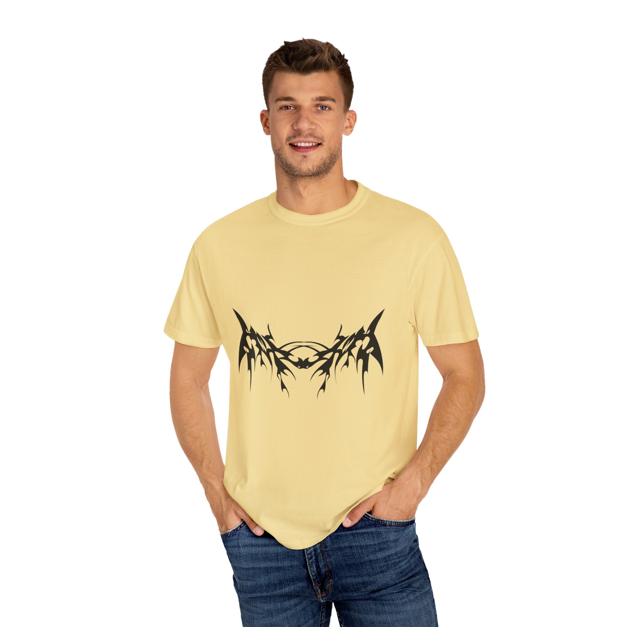 Unisex Garment-Dyed Graphic T-Shirt with Bold Gothic Tribal Design | Casual Wear, Streetwear, Men’s Fashion, Gift for Him, Music Festival T-shirt