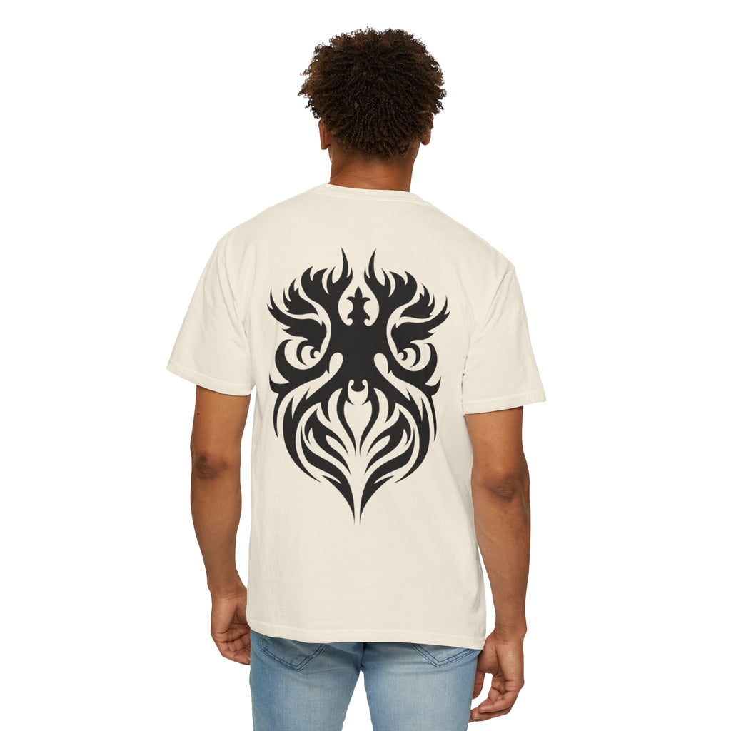 Unisex Garment-Dyed Graphic T-Shirt with Bold Gothic Tribal Design | Casual Wear, Streetwear, Men’s Fashion, Gift for Him, Music Festival T-shirt
