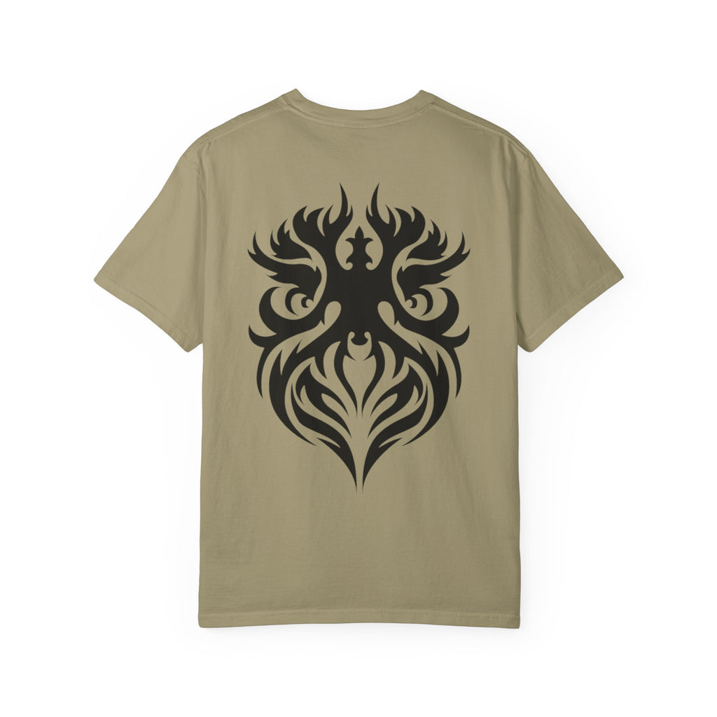 Unisex Garment-Dyed Graphic T-Shirt with Bold Gothic Tribal Design | Casual Wear, Streetwear, Men’s Fashion, Gift for Him, Music Festival T-shirt