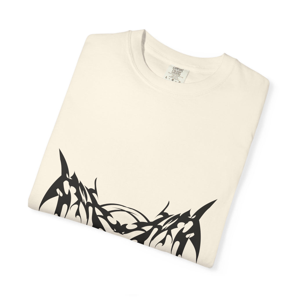 Unisex Garment-Dyed Graphic T-Shirt with Bold Gothic Tribal Design | Casual Wear, Streetwear, Men’s Fashion, Gift for Him, Music Festival T-shirt