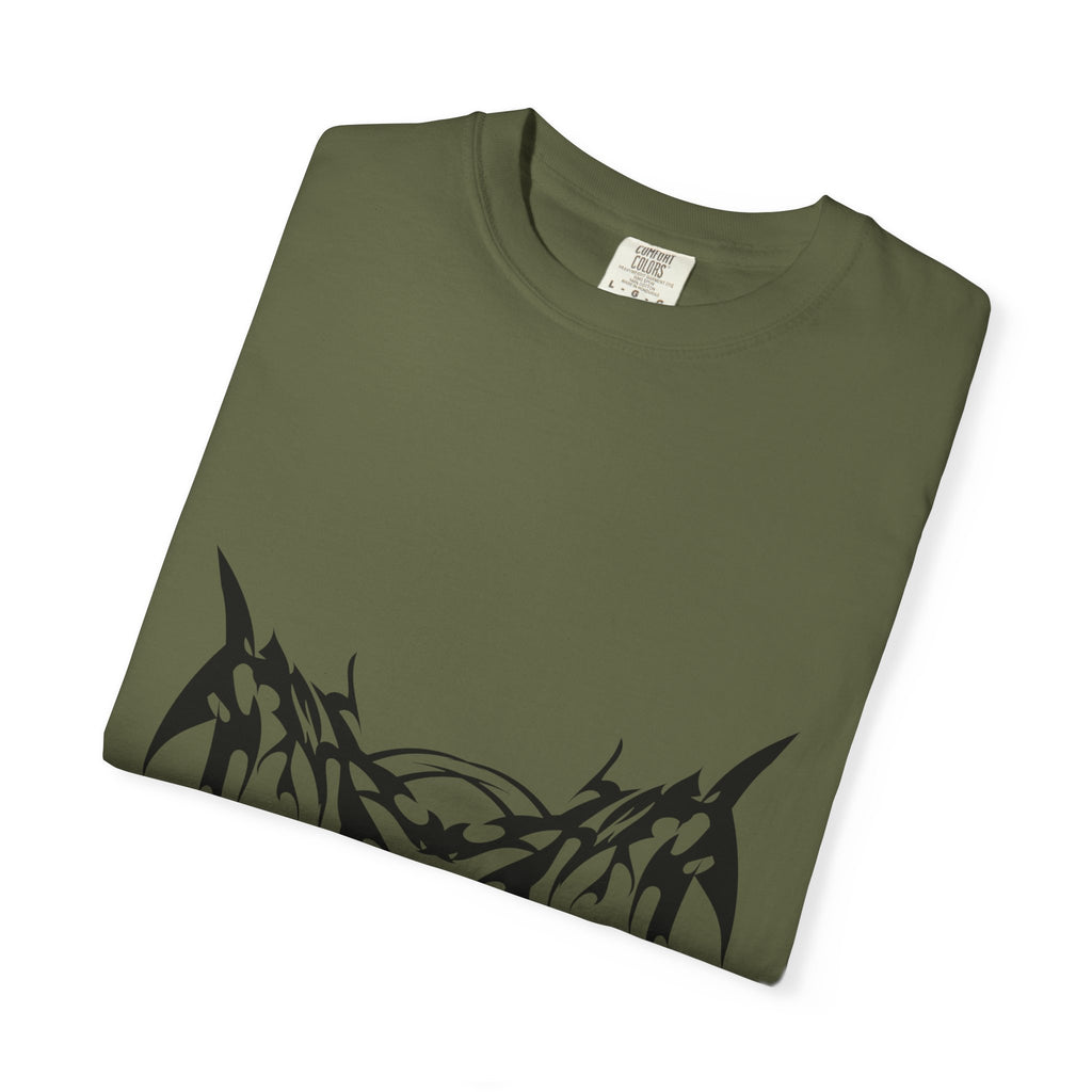 Unisex Garment-Dyed Graphic T-Shirt with Bold Gothic Tribal Design | Casual Wear, Streetwear, Men’s Fashion, Gift for Him, Music Festival T-shirt