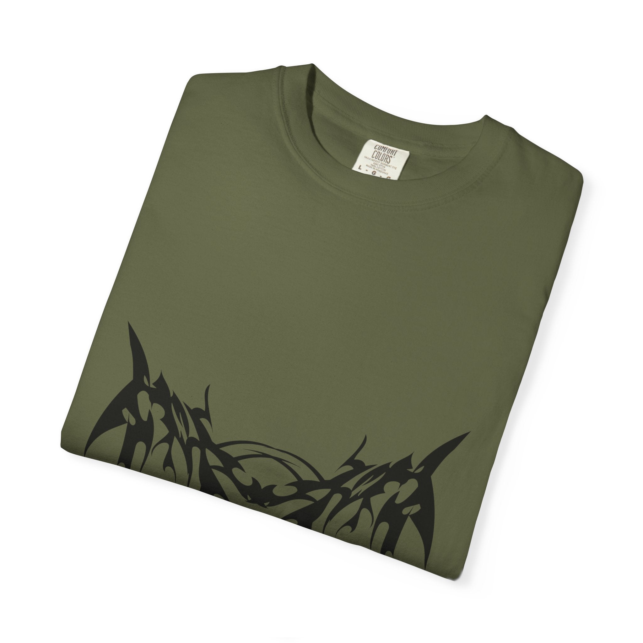 Unisex Garment-Dyed Graphic T-Shirt with Bold Gothic Tribal Design | Casual Wear, Streetwear, Men’s Fashion, Gift for Him, Music Festival T-shirt