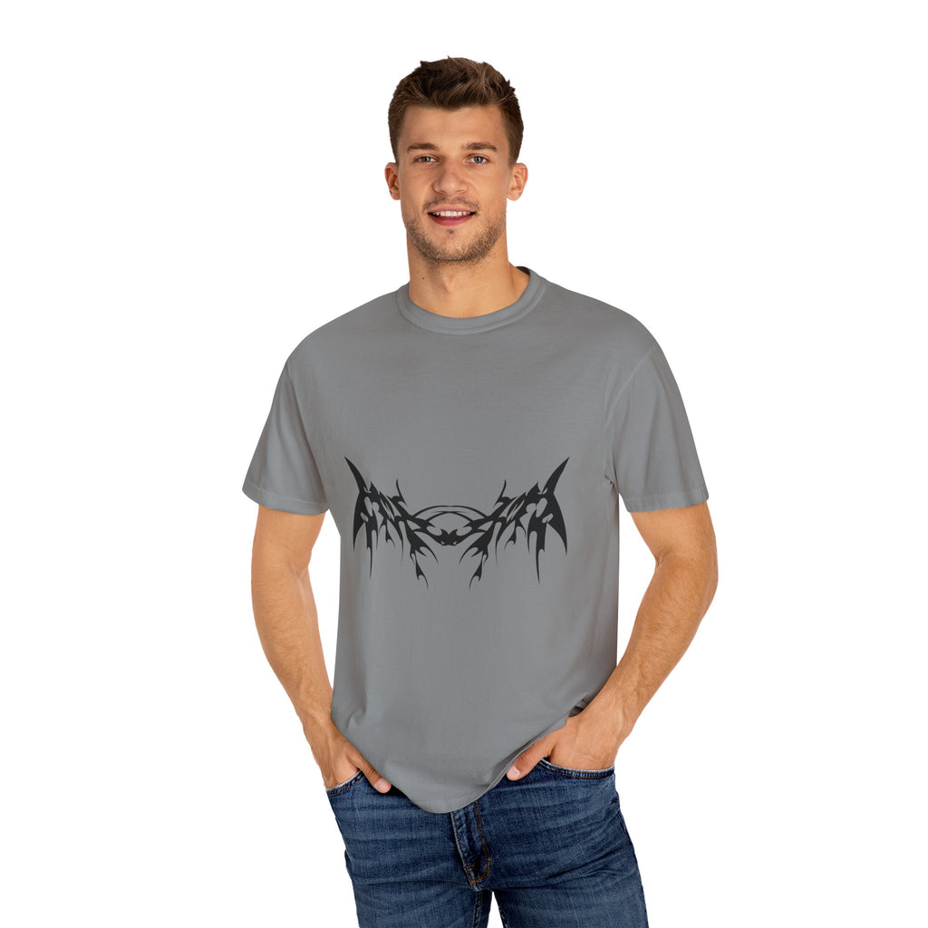 Unisex Garment-Dyed Graphic T-Shirt with Bold Gothic Tribal Design | Casual Wear, Streetwear, Men’s Fashion, Gift for Him, Music Festival T-shirt