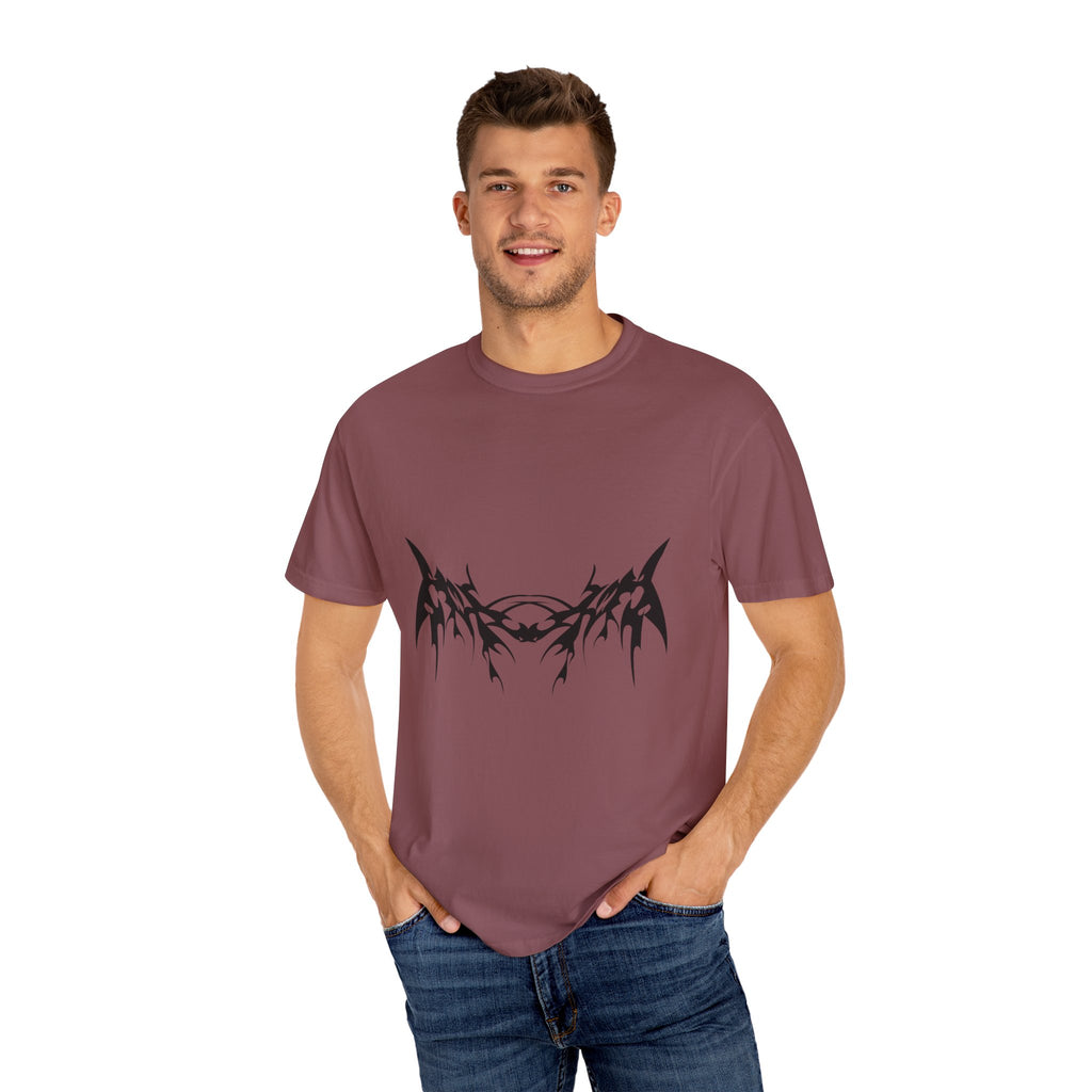Unisex Garment-Dyed Graphic T-Shirt with Bold Gothic Tribal Design | Casual Wear, Streetwear, Men’s Fashion, Gift for Him, Music Festival T-shirt