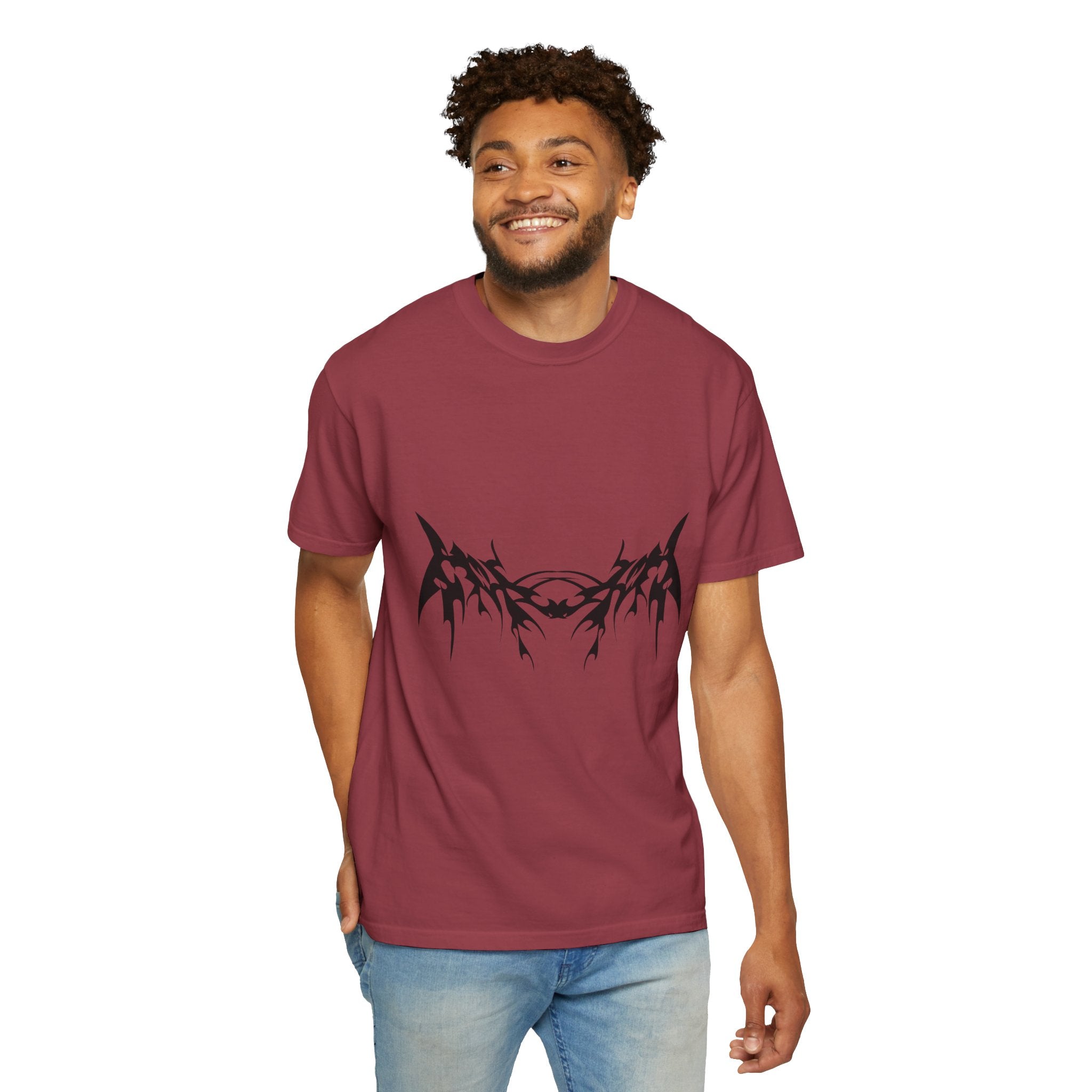 Unisex Garment-Dyed Graphic T-Shirt with Bold Gothic Tribal Design | Casual Wear, Streetwear, Men’s Fashion, Gift for Him, Music Festival T-shirt