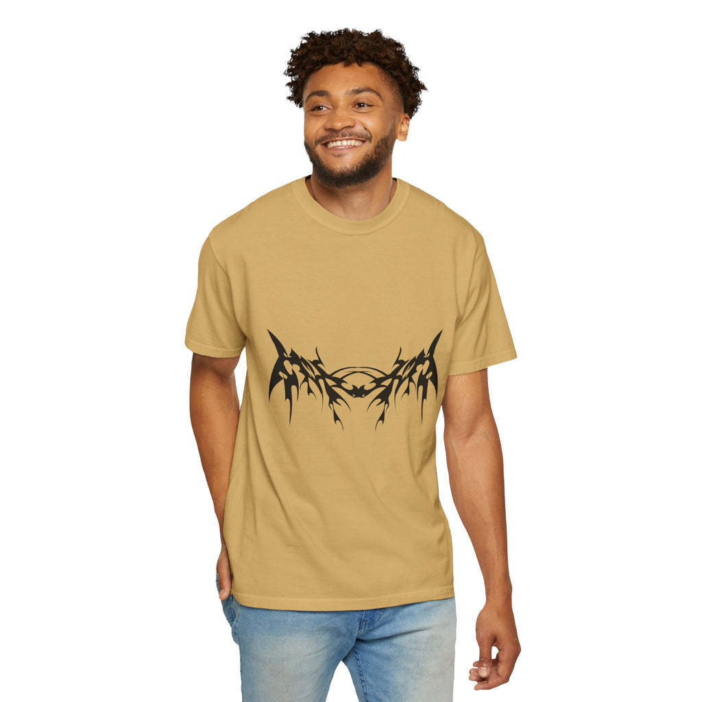 Unisex Garment-Dyed Graphic T-Shirt with Bold Gothic Tribal Design | Casual Wear, Streetwear, Men’s Fashion, Gift for Him, Music Festival T-shirt