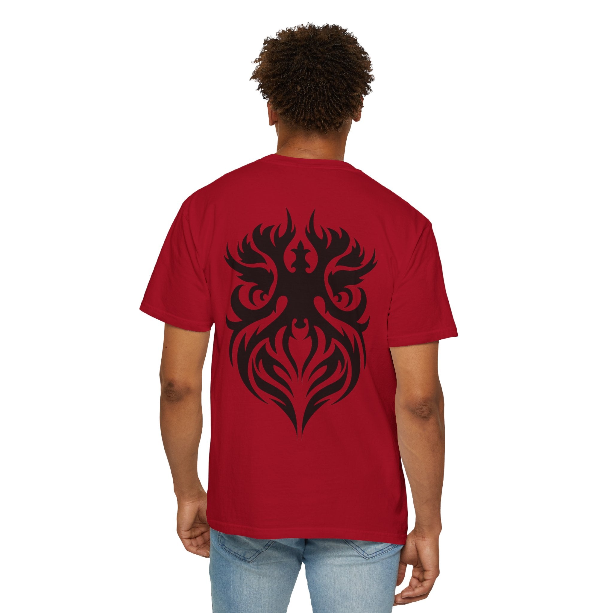 Unisex Garment-Dyed Graphic T-Shirt with Bold Gothic Tribal Design | Casual Wear, Streetwear, Men’s Fashion, Gift for Him, Music Festival T-shirt