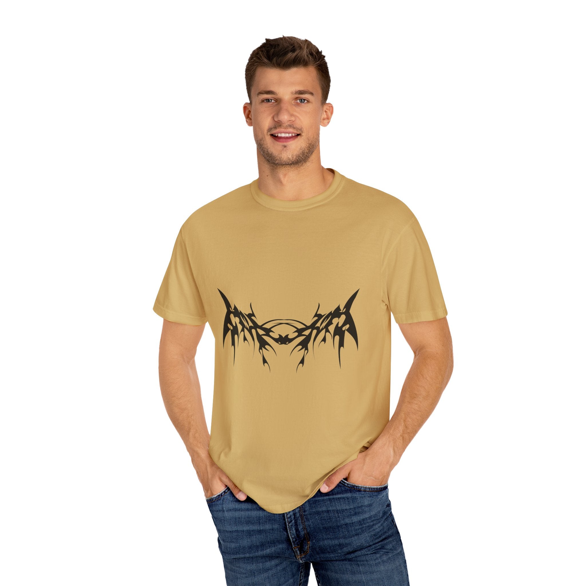 Unisex Garment-Dyed Graphic T-Shirt with Bold Gothic Tribal Design | Casual Wear, Streetwear, Men’s Fashion, Gift for Him, Music Festival T-shirt