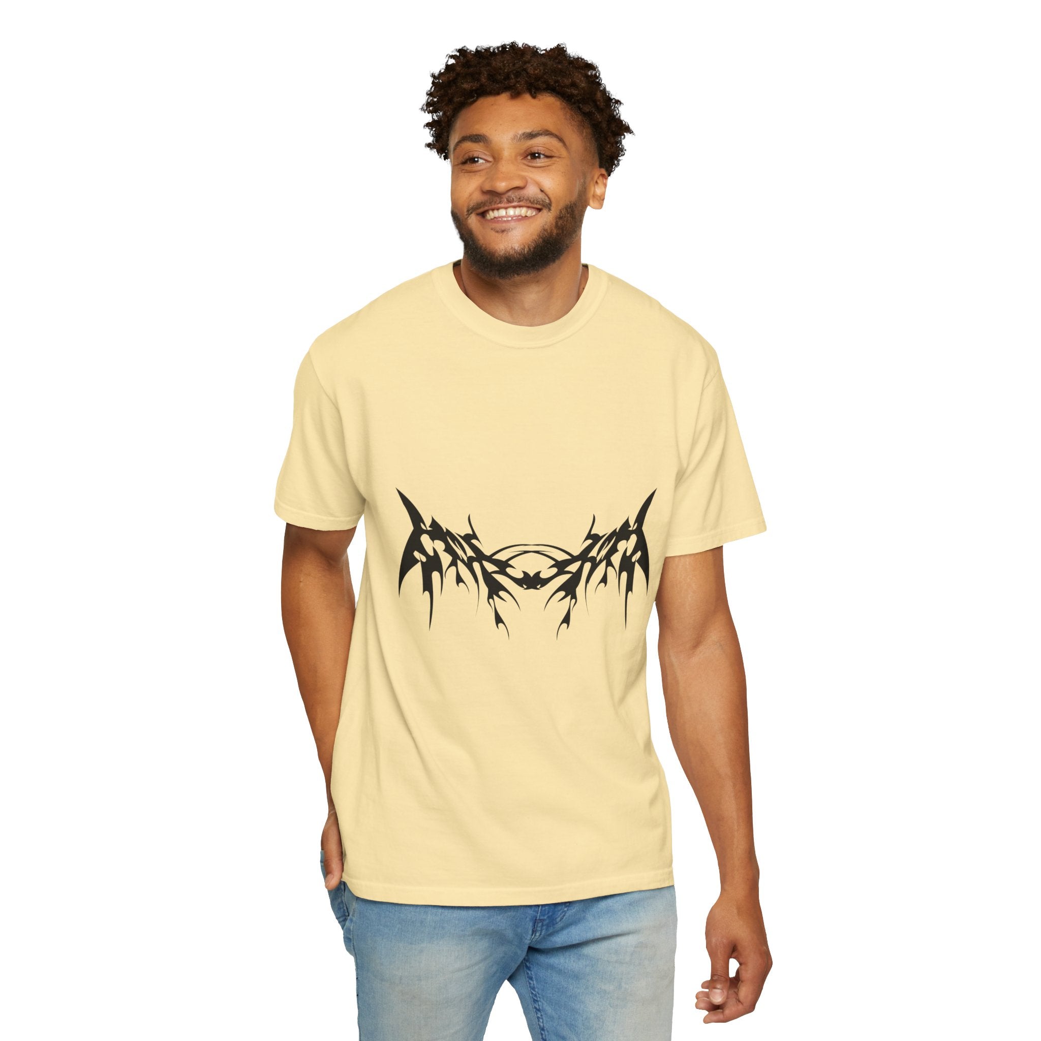 Unisex Garment-Dyed Graphic T-Shirt with Bold Gothic Tribal Design | Casual Wear, Streetwear, Men’s Fashion, Gift for Him, Music Festival T-shirt