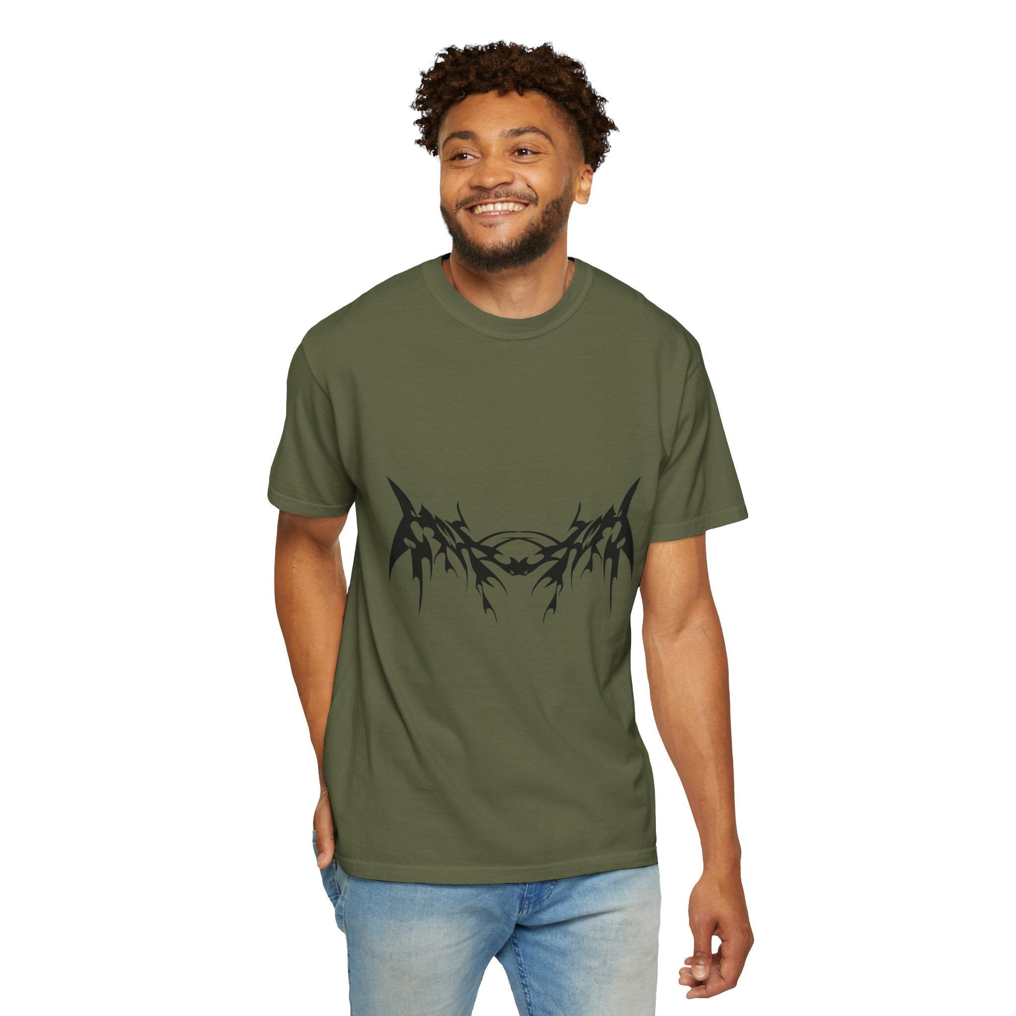 Unisex Garment-Dyed Graphic T-Shirt with Bold Gothic Tribal Design | Casual Wear, Streetwear, Men’s Fashion, Gift for Him, Music Festival T-shirt