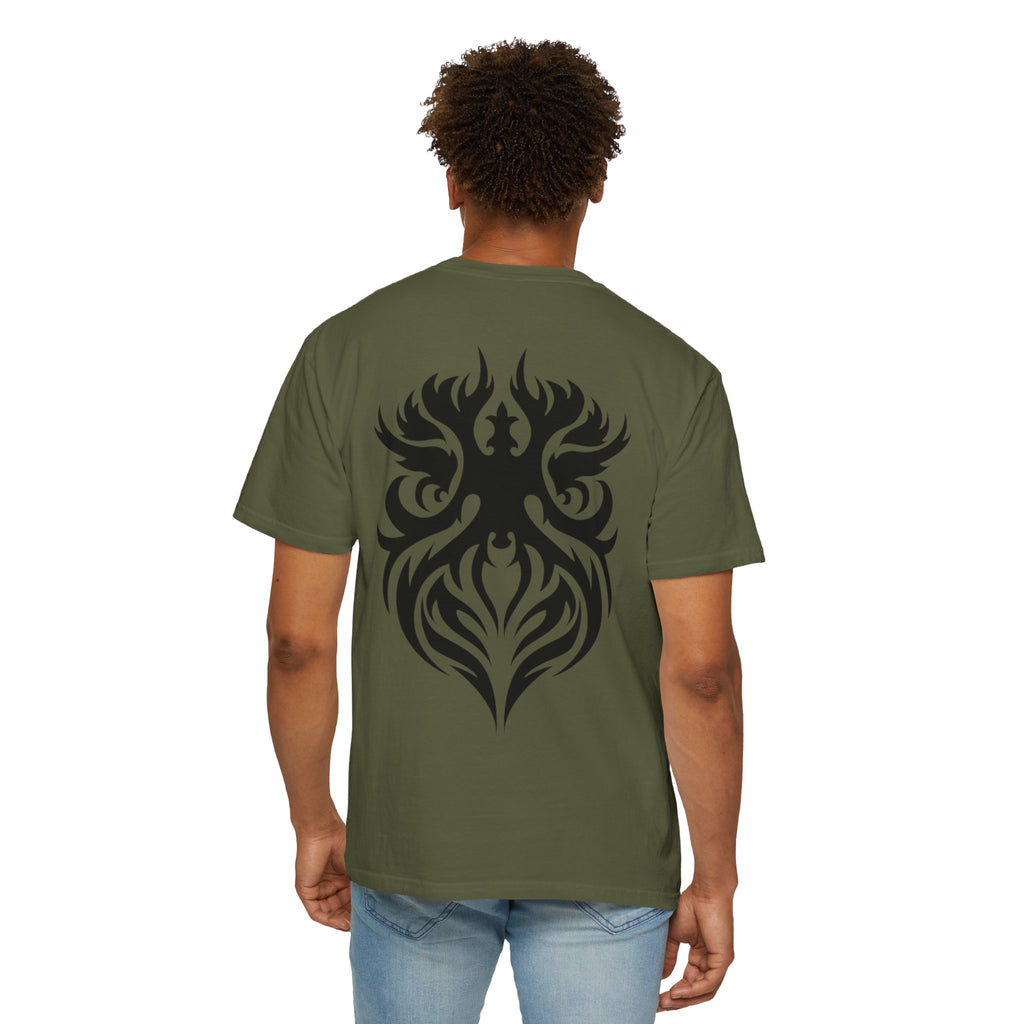 Unisex Garment-Dyed Graphic T-Shirt with Bold Gothic Tribal Design | Casual Wear, Streetwear, Men’s Fashion, Gift for Him, Music Festival T-shirt