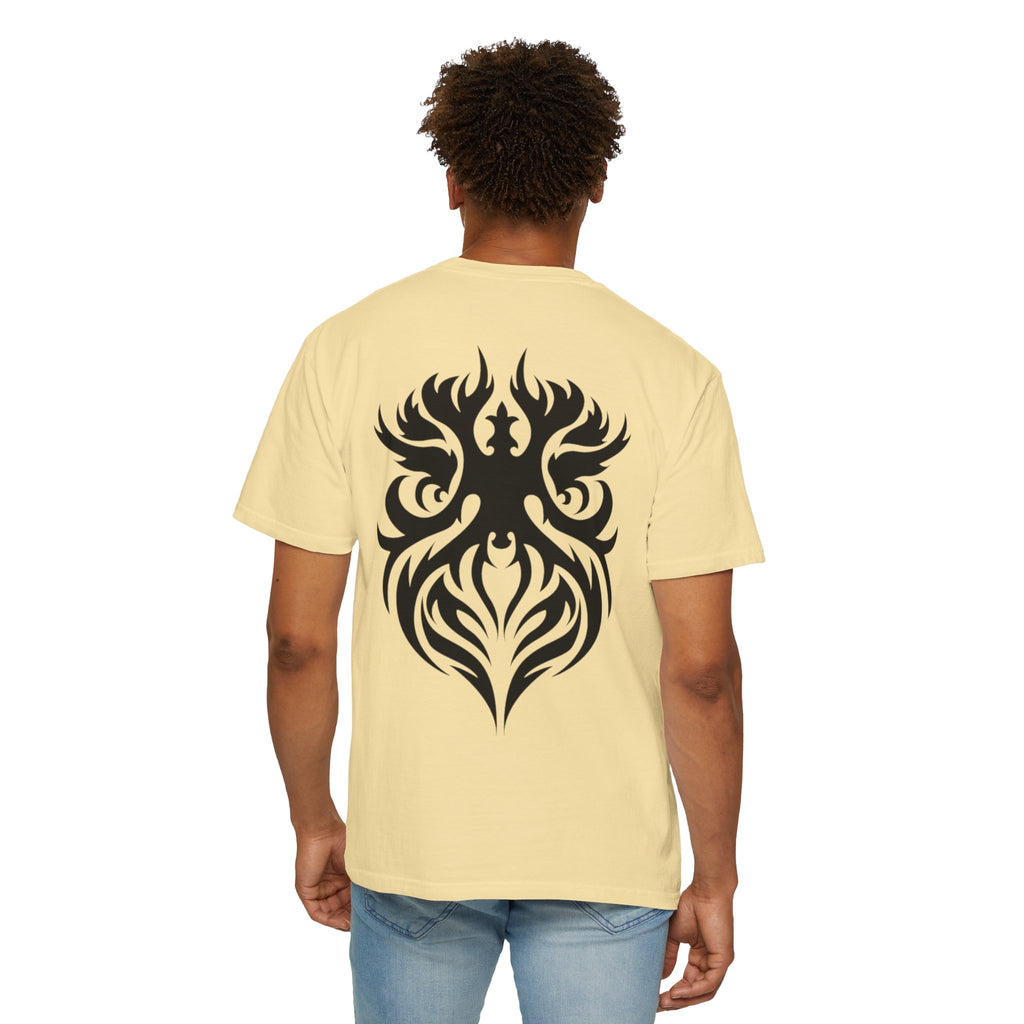 Unisex Garment-Dyed Graphic T-Shirt with Bold Gothic Tribal Design | Casual Wear, Streetwear, Men’s Fashion, Gift for Him, Music Festival T-shirt