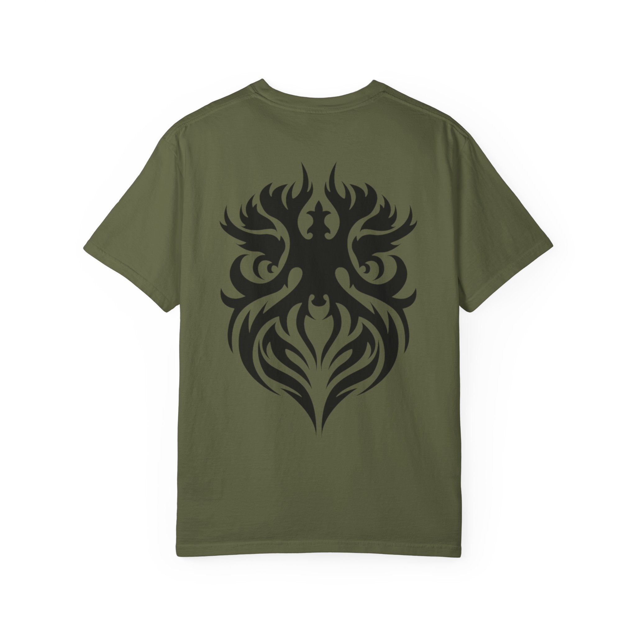 Unisex Garment-Dyed Graphic T-Shirt with Bold Gothic Tribal Design | Casual Wear, Streetwear, Men’s Fashion, Gift for Him, Music Festival T-shirt