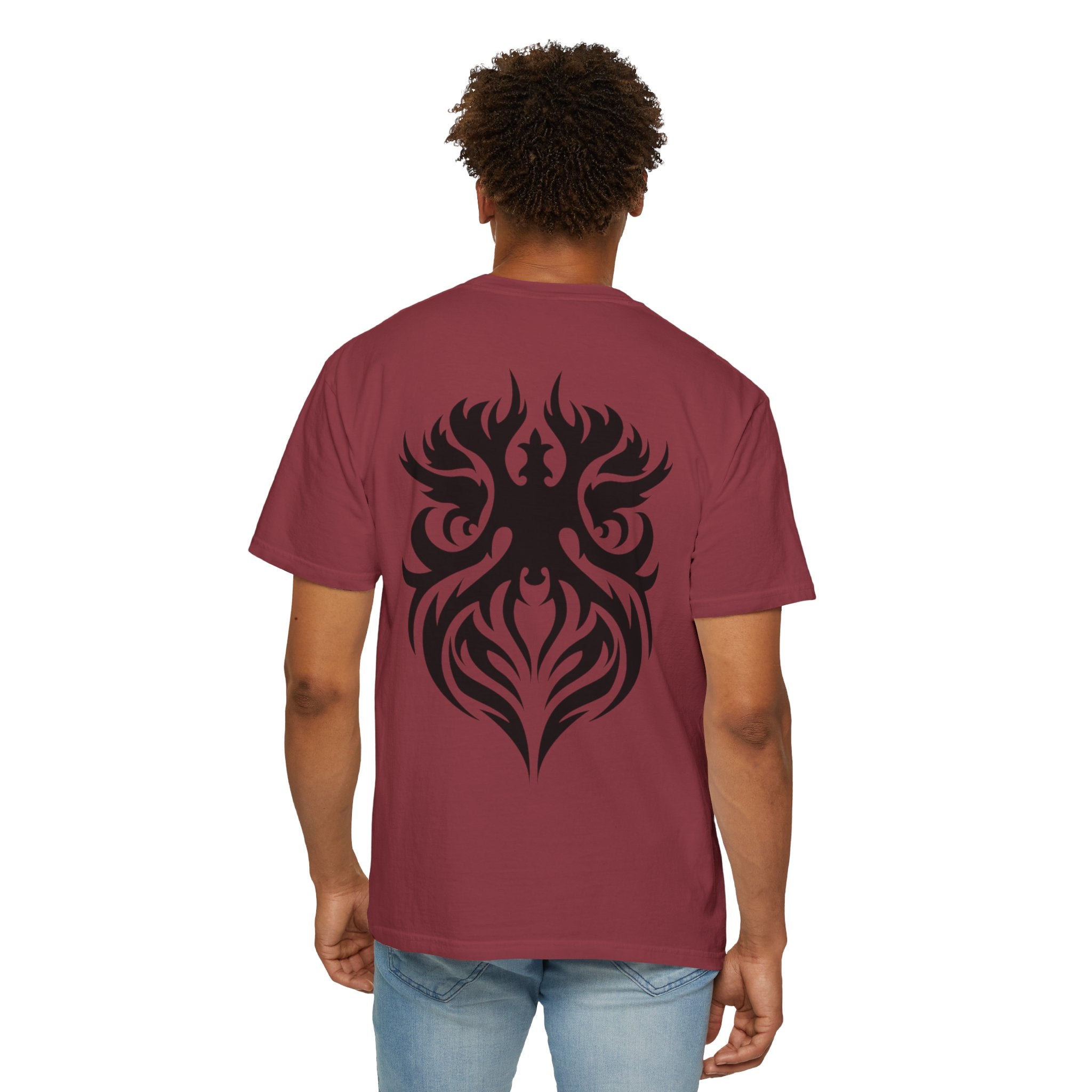 Unisex Garment-Dyed Graphic T-Shirt with Bold Gothic Tribal Design | Casual Wear, Streetwear, Men’s Fashion, Gift for Him, Music Festival T-shirt