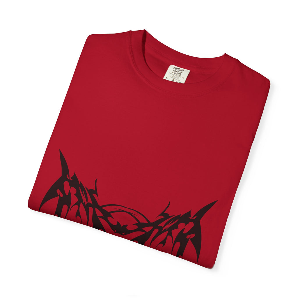 Unisex Garment-Dyed Graphic T-Shirt with Bold Gothic Tribal Design | Casual Wear, Streetwear, Men’s Fashion, Gift for Him, Music Festival T-shirt