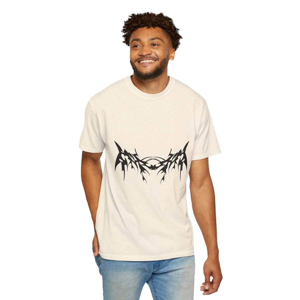 Unisex Garment-Dyed Graphic T-Shirt with Bold Gothic Tribal Design | Casual Wear, Streetwear, Men’s Fashion, Gift for Him, Music Festival T-shirt