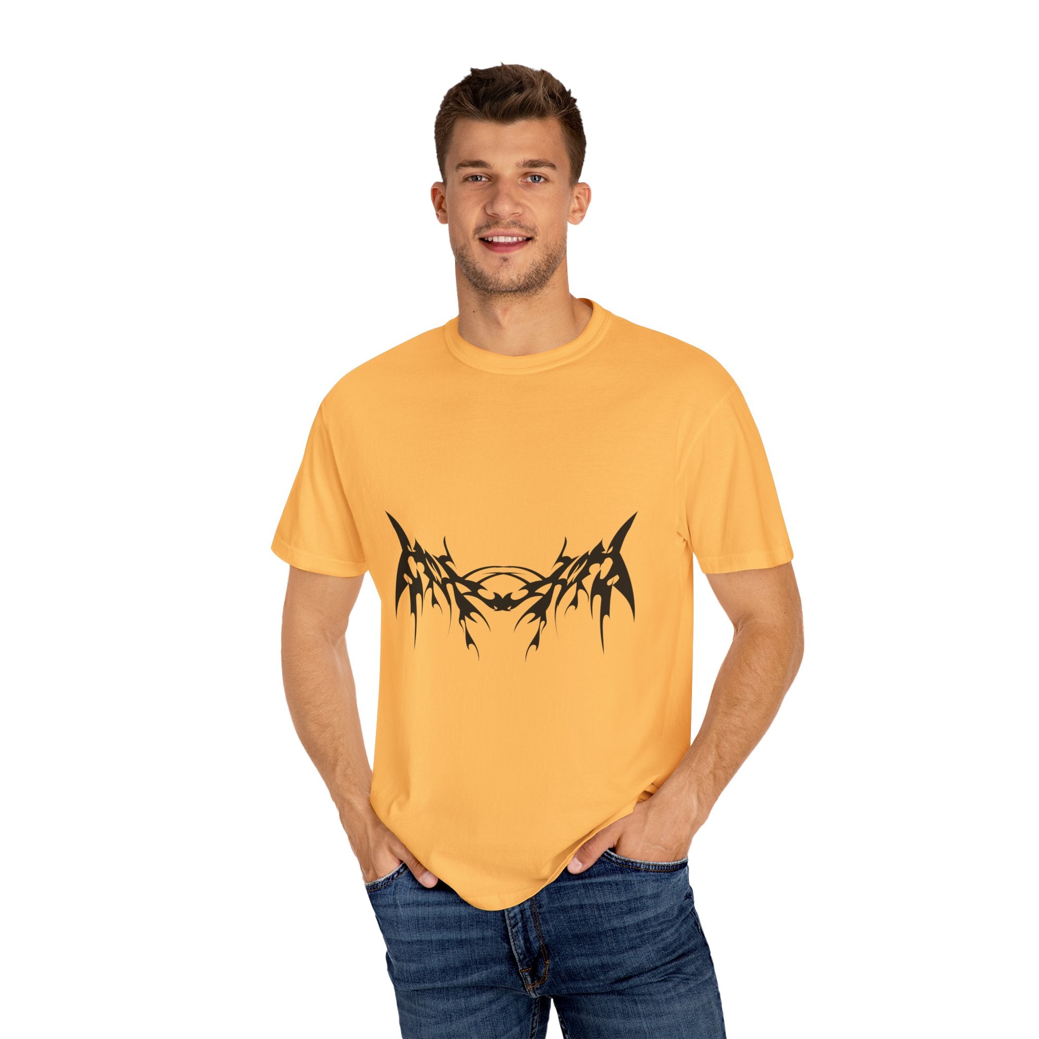 Unisex Garment-Dyed Graphic T-Shirt with Bold Gothic Tribal Design | Casual Wear, Streetwear, Men’s Fashion, Gift for Him, Music Festival T-shirt