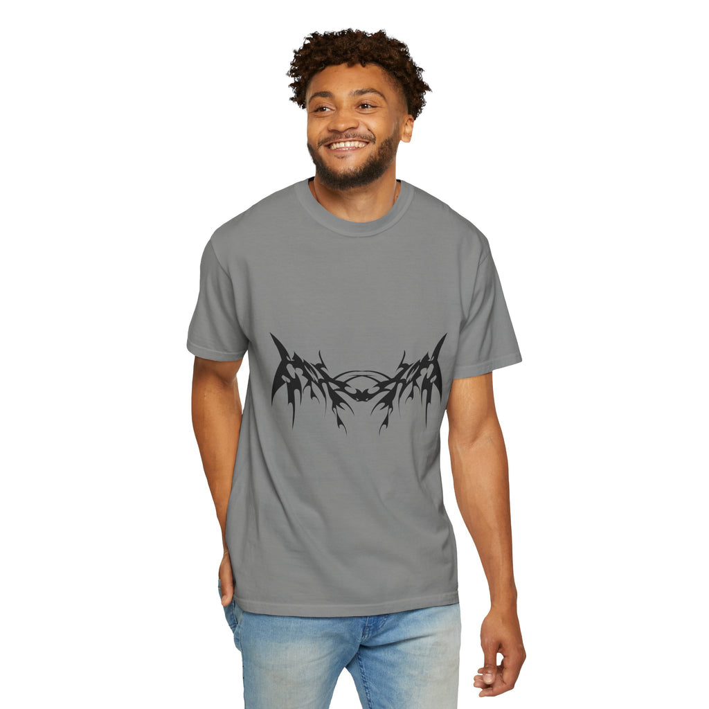 Unisex Garment-Dyed Graphic T-Shirt with Bold Gothic Tribal Design | Casual Wear, Streetwear, Men’s Fashion, Gift for Him, Music Festival T-shirt