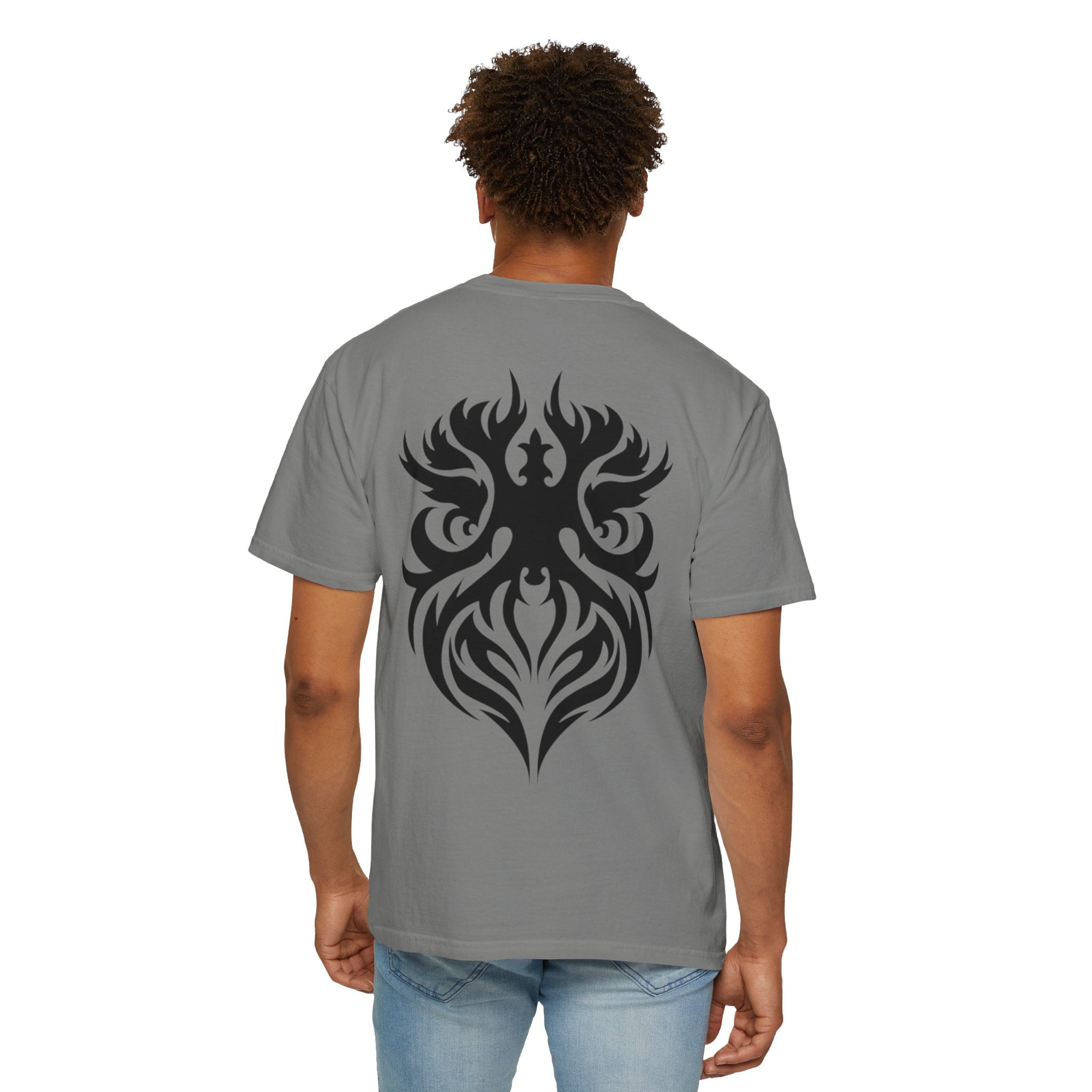 Unisex Garment-Dyed Graphic T-Shirt with Bold Gothic Tribal Design | Casual Wear, Streetwear, Men’s Fashion, Gift for Him, Music Festival T-shirt