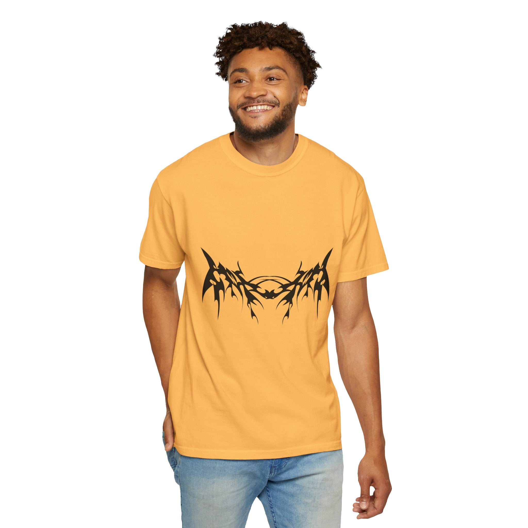 Unisex Garment-Dyed Graphic T-Shirt with Bold Gothic Tribal Design | Casual Wear, Streetwear, Men’s Fashion, Gift for Him, Music Festival T-shirt