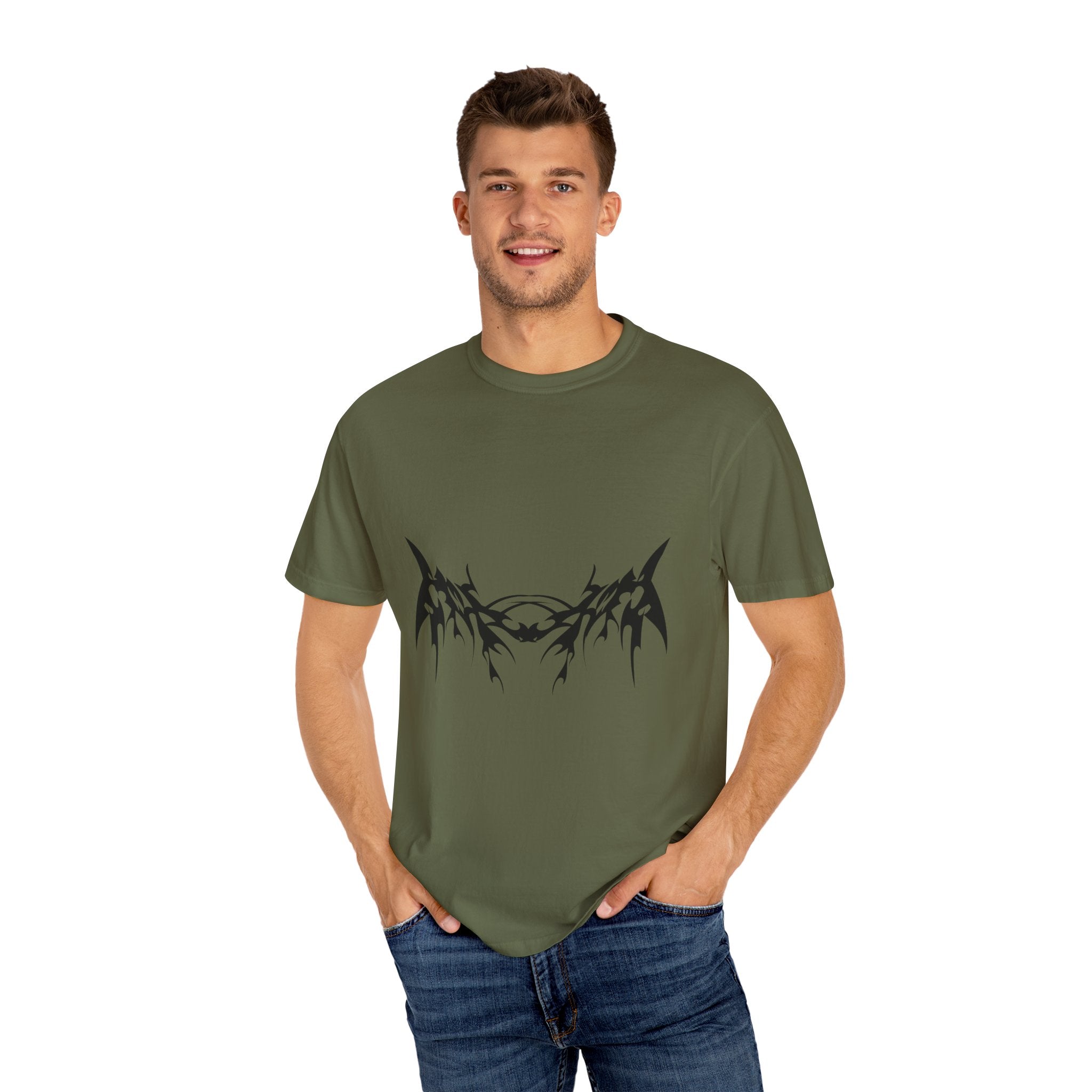Unisex Garment-Dyed Graphic T-Shirt with Bold Gothic Tribal Design | Casual Wear, Streetwear, Men’s Fashion, Gift for Him, Music Festival T-shirt