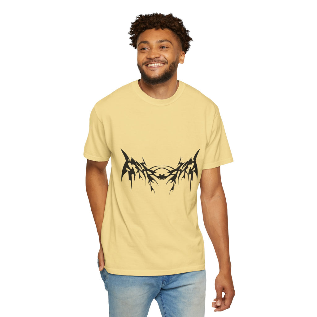 Unisex Garment-Dyed Graphic T-Shirt with Bold Gothic Tribal Design | Casual Wear, Streetwear, Men’s Fashion, Gift for Him, Music Festival T-shirt