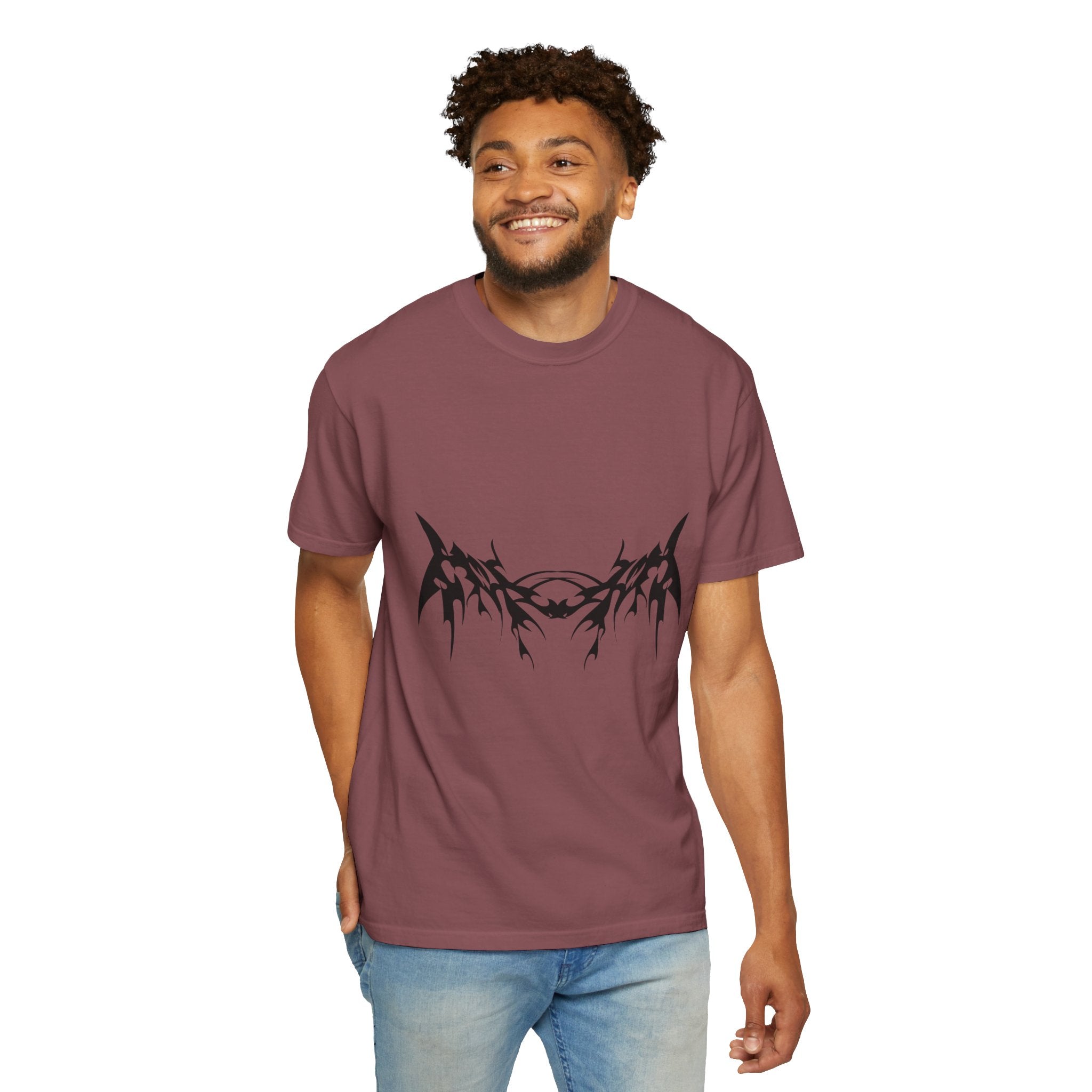 Unisex Garment-Dyed Graphic T-Shirt with Bold Gothic Tribal Design | Casual Wear, Streetwear, Men’s Fashion, Gift for Him, Music Festival T-shirt