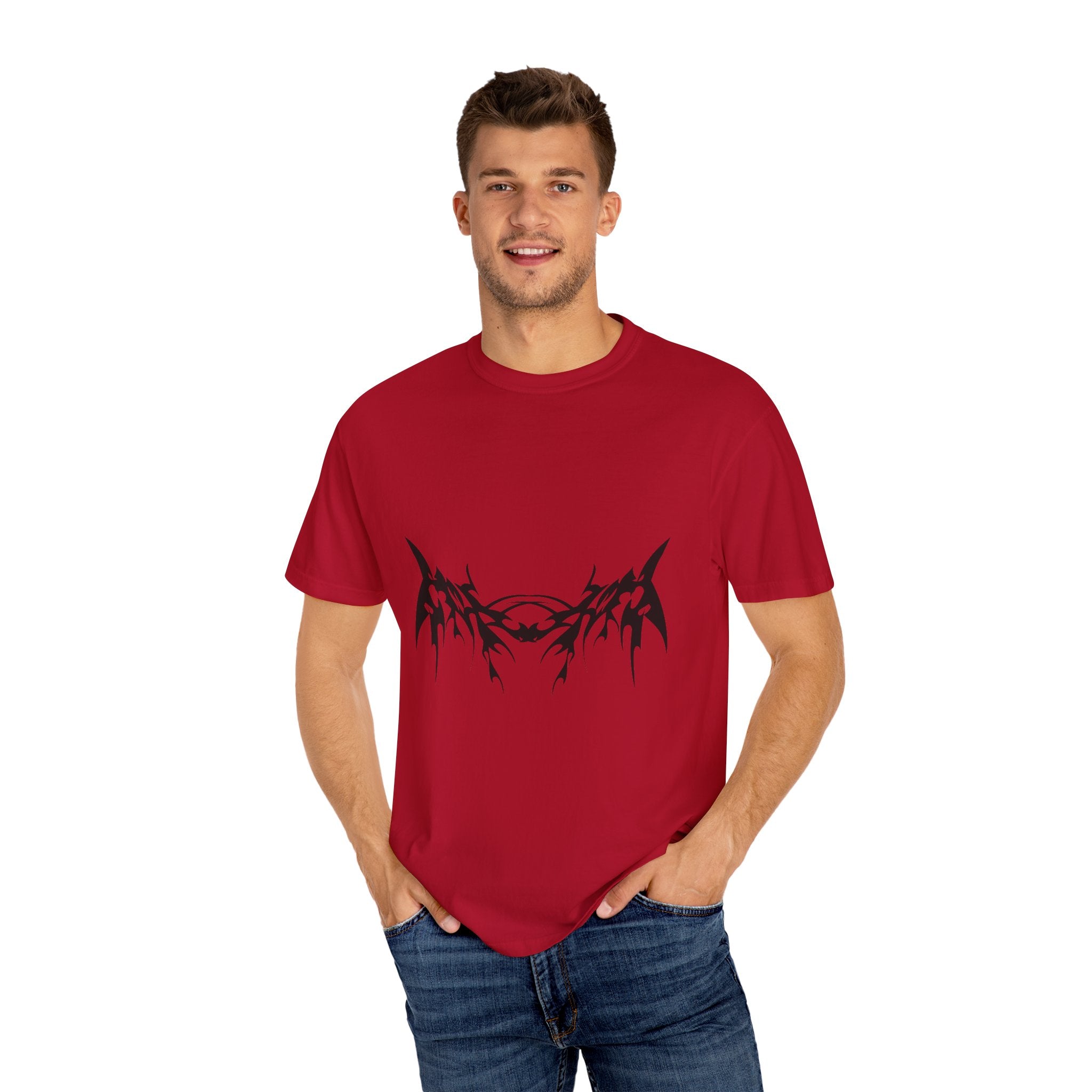 Unisex Garment-Dyed Graphic T-Shirt with Bold Gothic Tribal Design | Casual Wear, Streetwear, Men’s Fashion, Gift for Him, Music Festival T-shirt