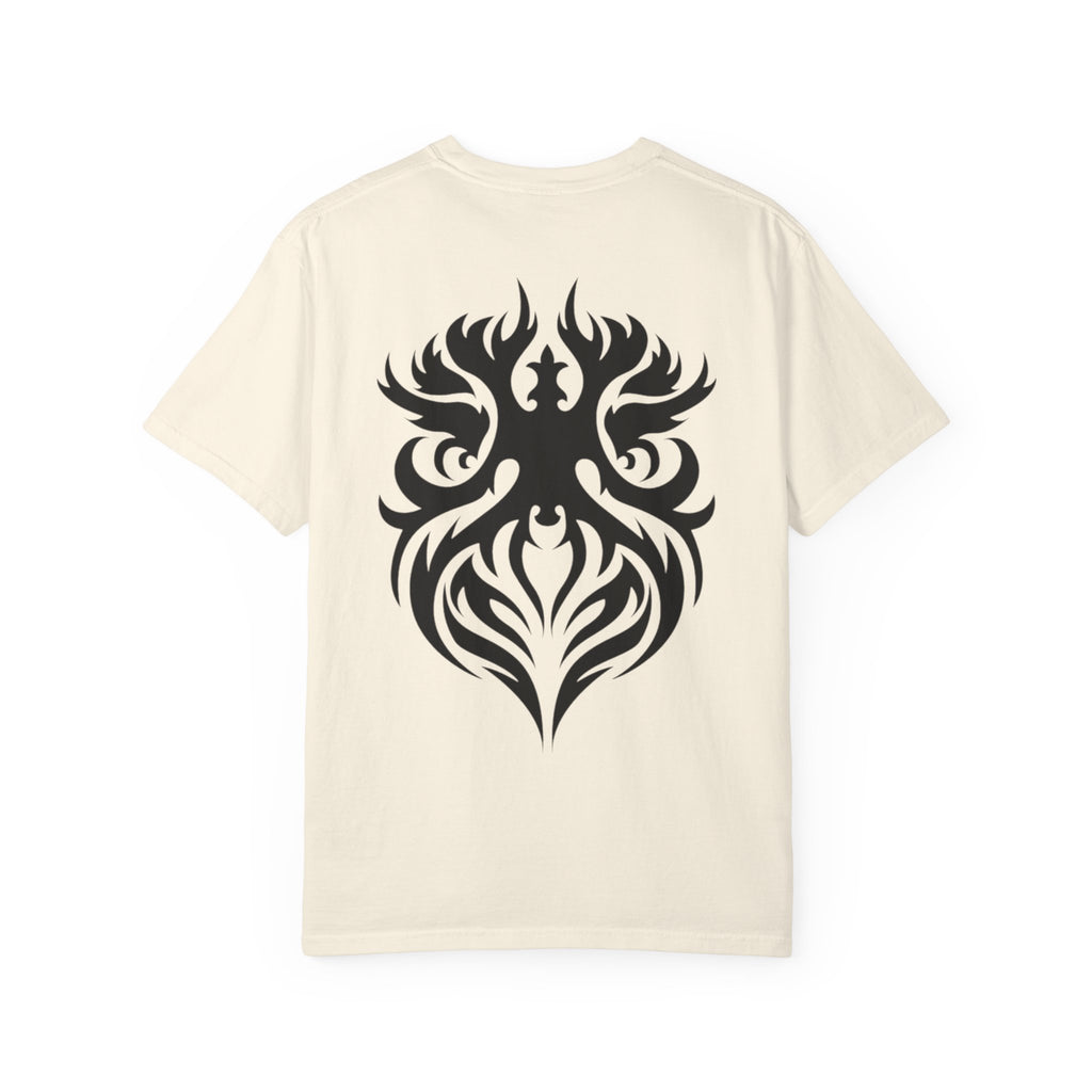 Unisex Garment-Dyed Graphic T-Shirt with Bold Gothic Tribal Design | Casual Wear, Streetwear, Men’s Fashion, Gift for Him, Music Festival T-shirt
