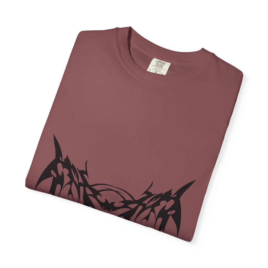 Unisex Garment-Dyed Graphic T-Shirt with Bold Gothic Tribal Design | Casual Wear, Streetwear, Men’s Fashion, Gift for Him, Music Festival T-shirt