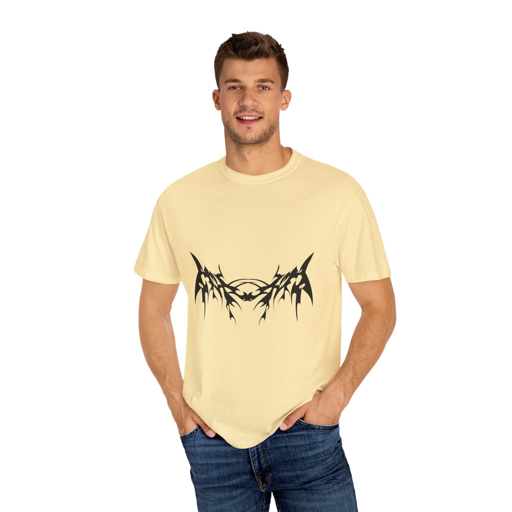 Unisex Garment-Dyed Graphic T-Shirt with Bold Gothic Tribal Design | Casual Wear, Streetwear, Men’s Fashion, Gift for Him, Music Festival T-shirt