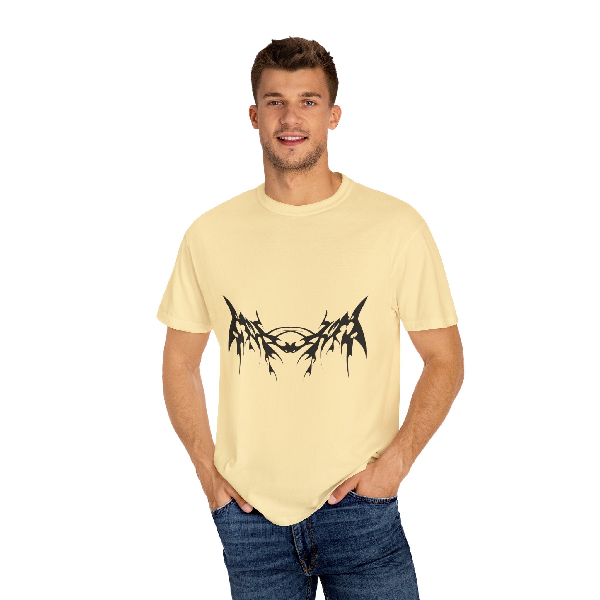 Unisex Garment-Dyed Graphic T-Shirt with Bold Gothic Tribal Design | Casual Wear, Streetwear, Men’s Fashion, Gift for Him, Music Festival T-shirt