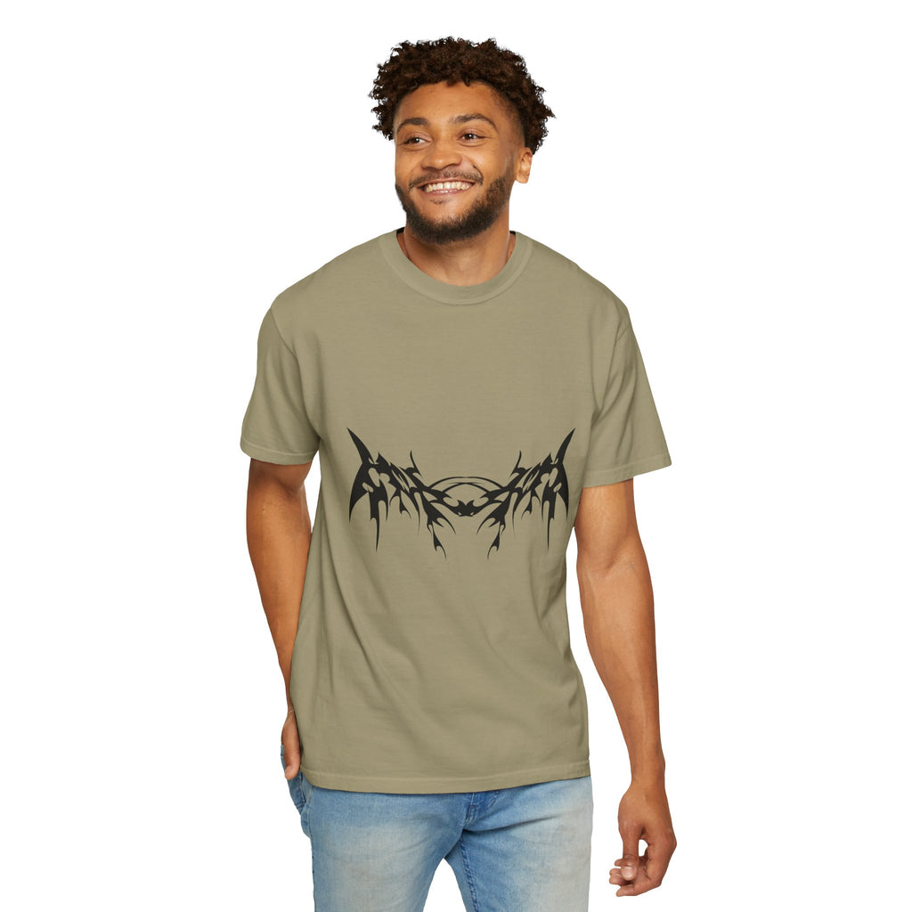 Unisex Garment-Dyed Graphic T-Shirt with Bold Gothic Tribal Design | Casual Wear, Streetwear, Men’s Fashion, Gift for Him, Music Festival T-shirt