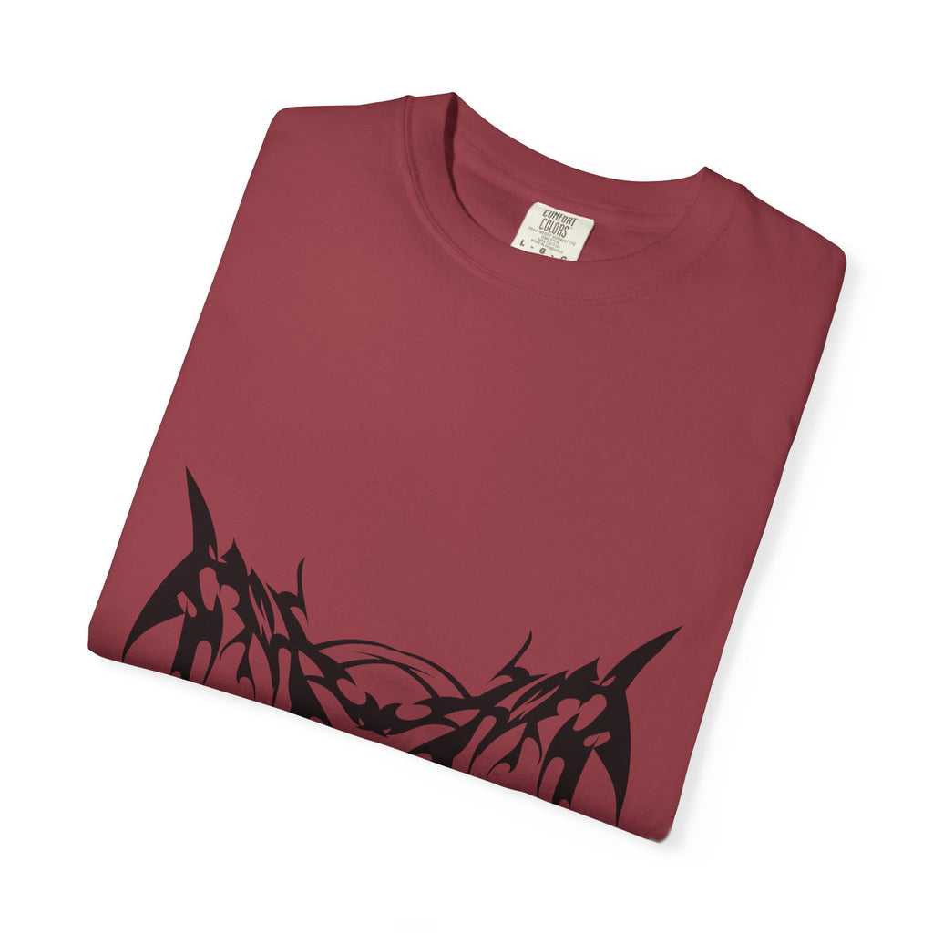 Unisex Garment-Dyed Graphic T-Shirt with Bold Gothic Tribal Design | Casual Wear, Streetwear, Men’s Fashion, Gift for Him, Music Festival T-shirt