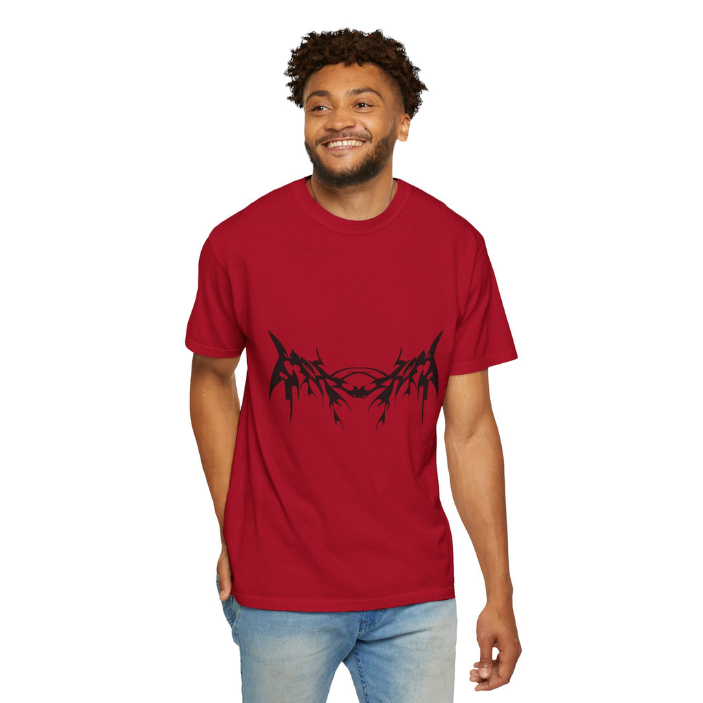 Unisex Garment-Dyed Graphic T-Shirt with Bold Gothic Tribal Design | Casual Wear, Streetwear, Men’s Fashion, Gift for Him, Music Festival T-shirt