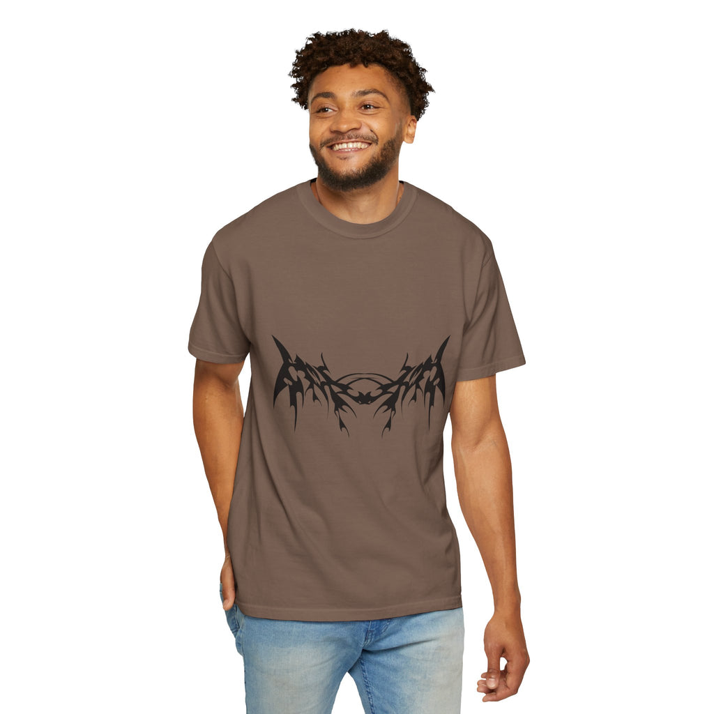 Unisex Garment-Dyed Graphic T-Shirt with Bold Gothic Tribal Design | Casual Wear, Streetwear, Men’s Fashion, Gift for Him, Music Festival T-shirt