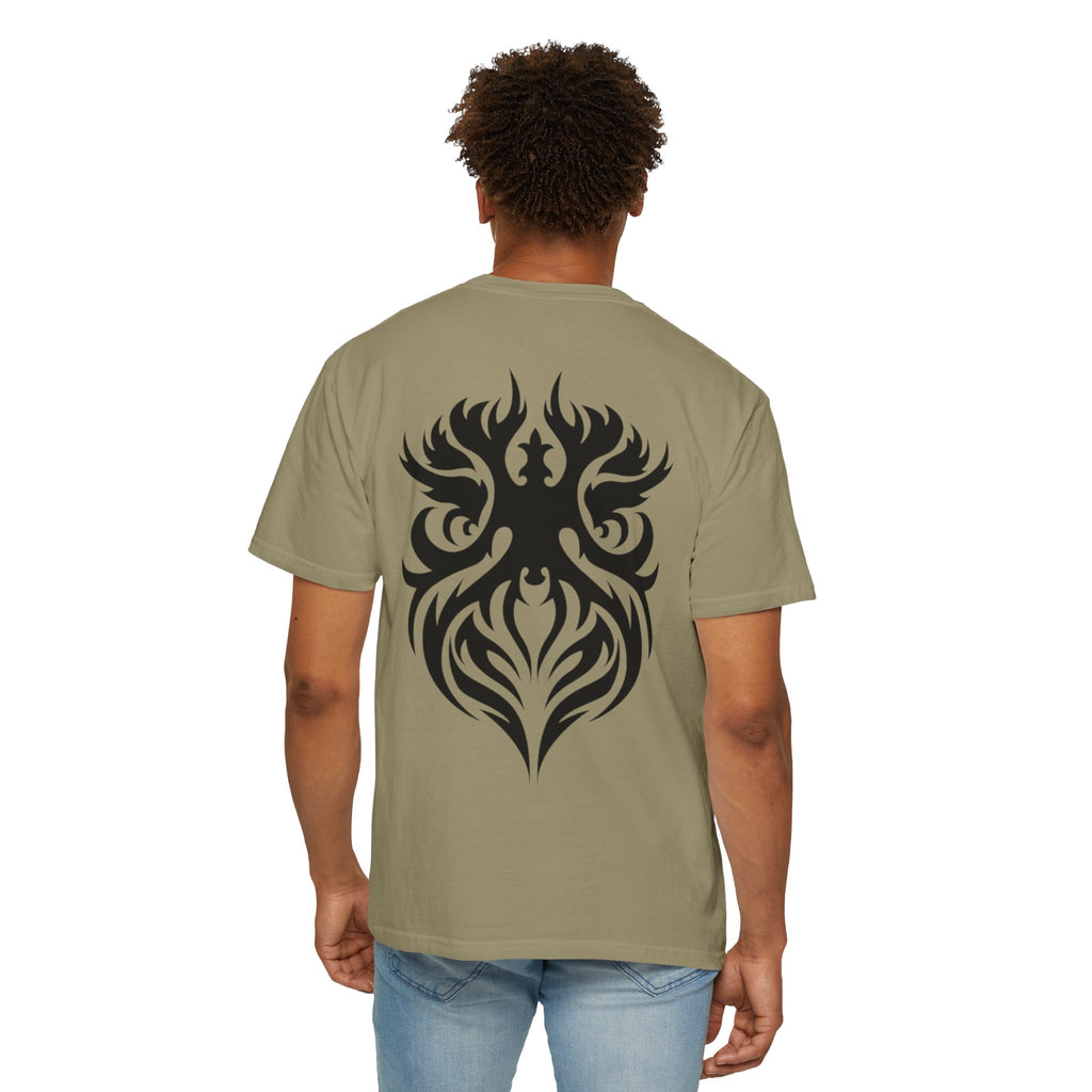 Unisex Garment-Dyed Graphic T-Shirt with Bold Gothic Tribal Design | Casual Wear, Streetwear, Men’s Fashion, Gift for Him, Music Festival T-shirt