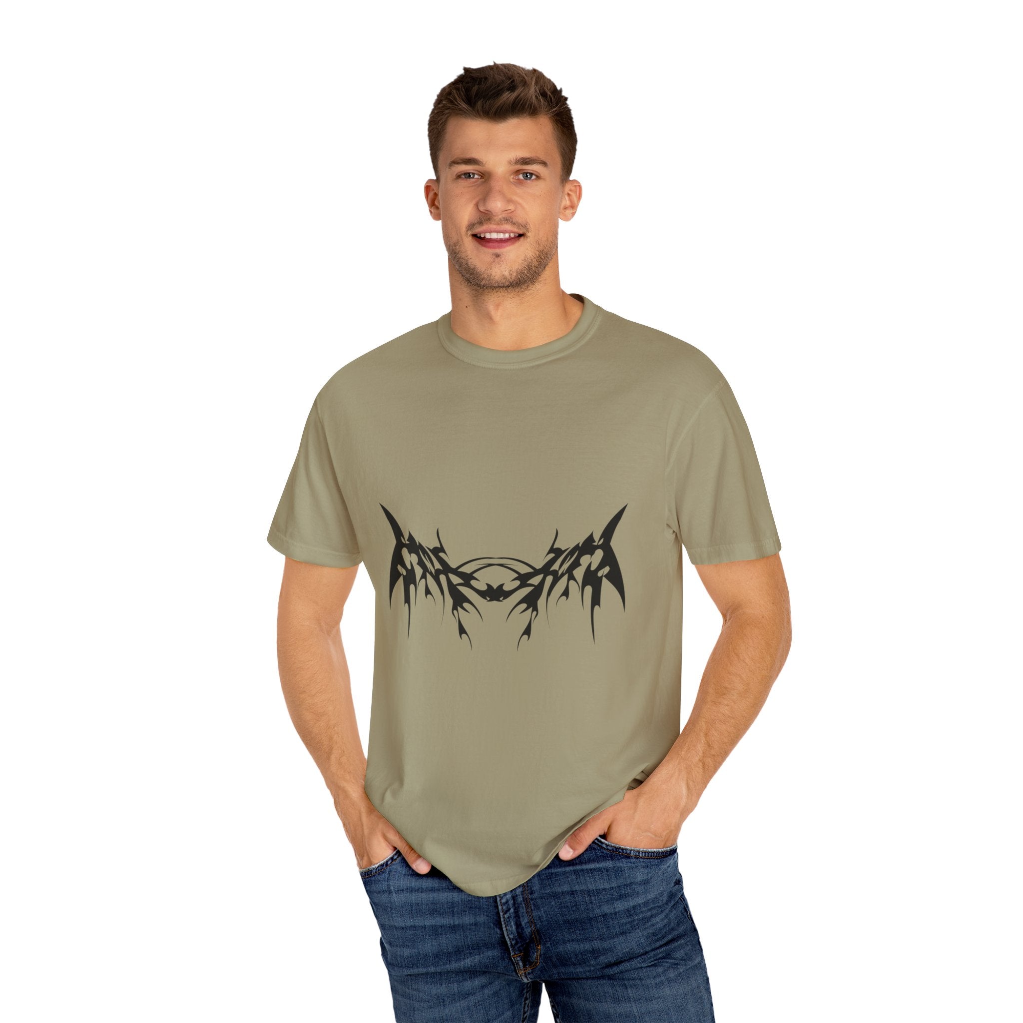 Unisex Garment-Dyed Graphic T-Shirt with Bold Gothic Tribal Design | Casual Wear, Streetwear, Men’s Fashion, Gift for Him, Music Festival T-shirt