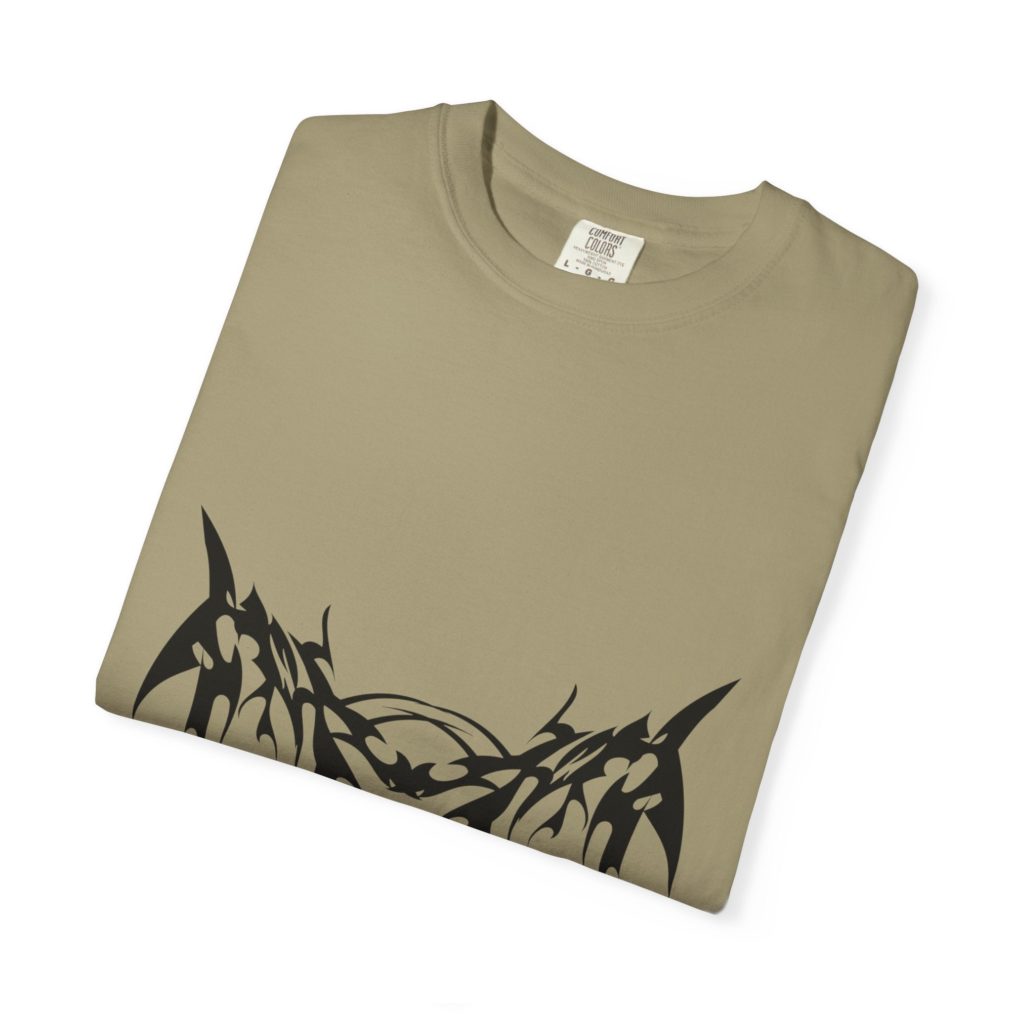 Unisex Garment-Dyed Graphic T-Shirt with Bold Gothic Tribal Design | Casual Wear, Streetwear, Men’s Fashion, Gift for Him, Music Festival T-shirt